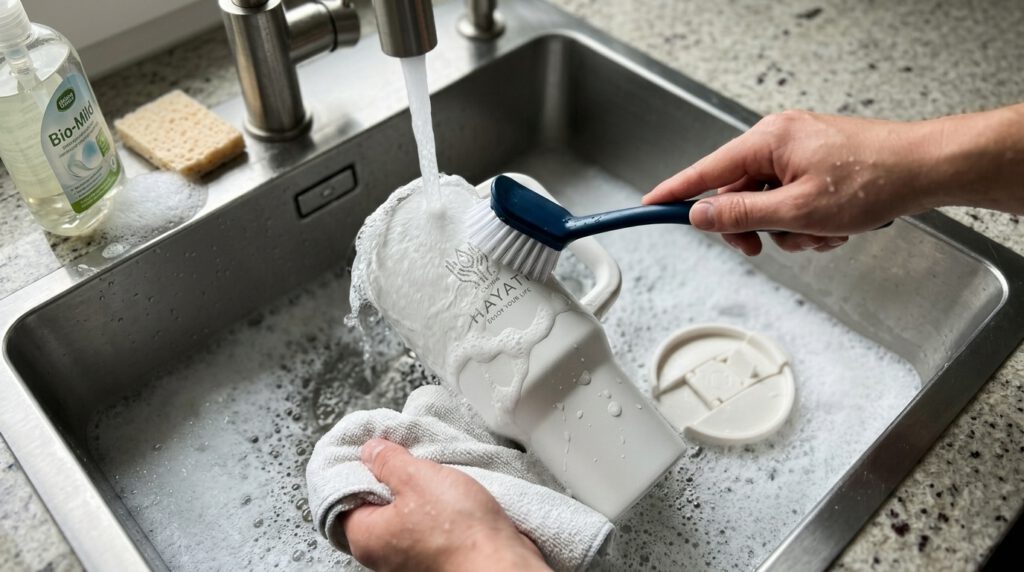 Weißen Dünya Hayati Edelstahl Thermobecher im Spülbecken reinigen