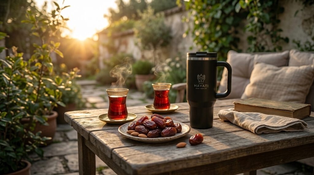 Ein rustikaler Holztisch im Freien mit zwei Gläsern Tee, Datteln und einem schwarzen DÜNYA HAYATI Thermobecher im Sonnenuntergang.