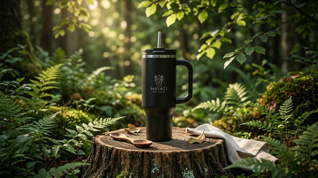 Ein schwarzer DÜNYA HAYATI Thermobecher steht in der Natur auf einem Baumstumpf umgeben von grünem Wald.