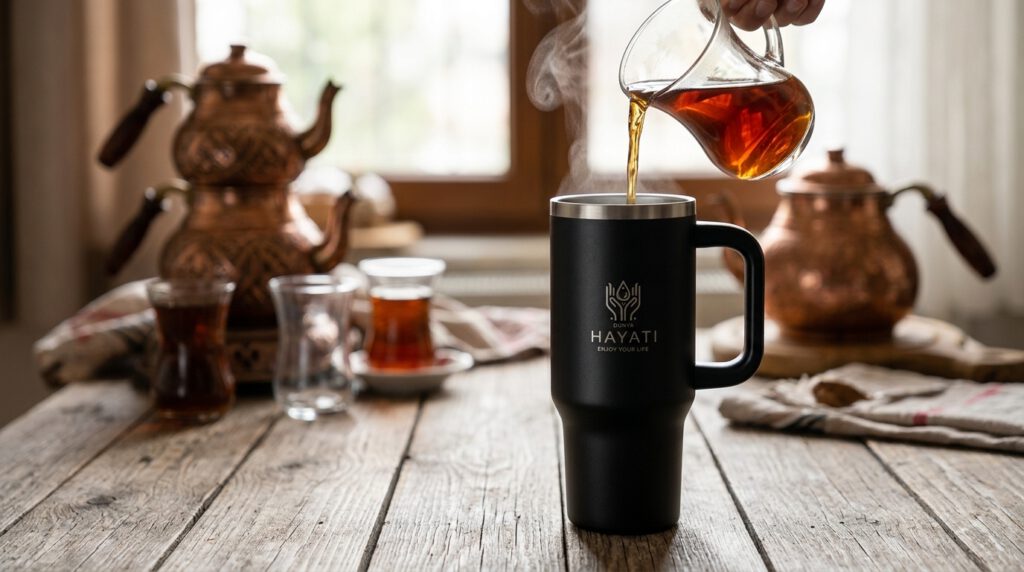 Ein moderner schwarzer DÜNYA HAYATI Thermobecher wird mit frischem traditionellem türkischem Tee aus einer Çaydanlık befüllt.