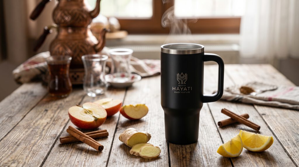 Ein schwarzer DÜNYA HAYATI Thermobecher auf einem Holztisch, umgeben von frischen Apfelscheiben, Zimtstangen, Ingwer und Zitrone.